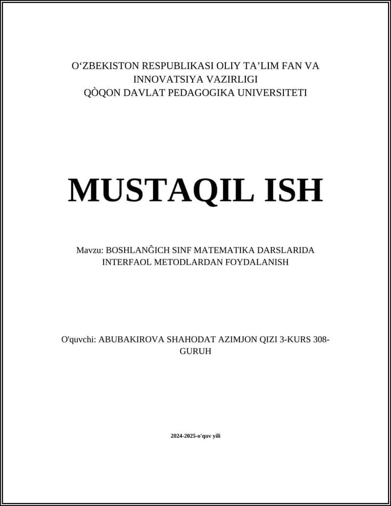 BOSHLANĜICH SINF MATEMATIKA DARSLARIDA INTERFAOL METODLARDAN FOYDALANISH