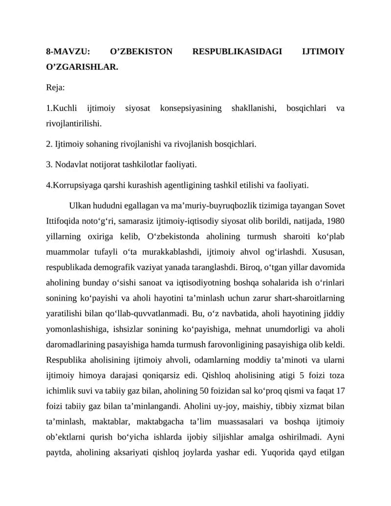 O’ZBEKISTON RESPUBLIKASIDAGI IJTIMOIY O’ZGARISHLAR