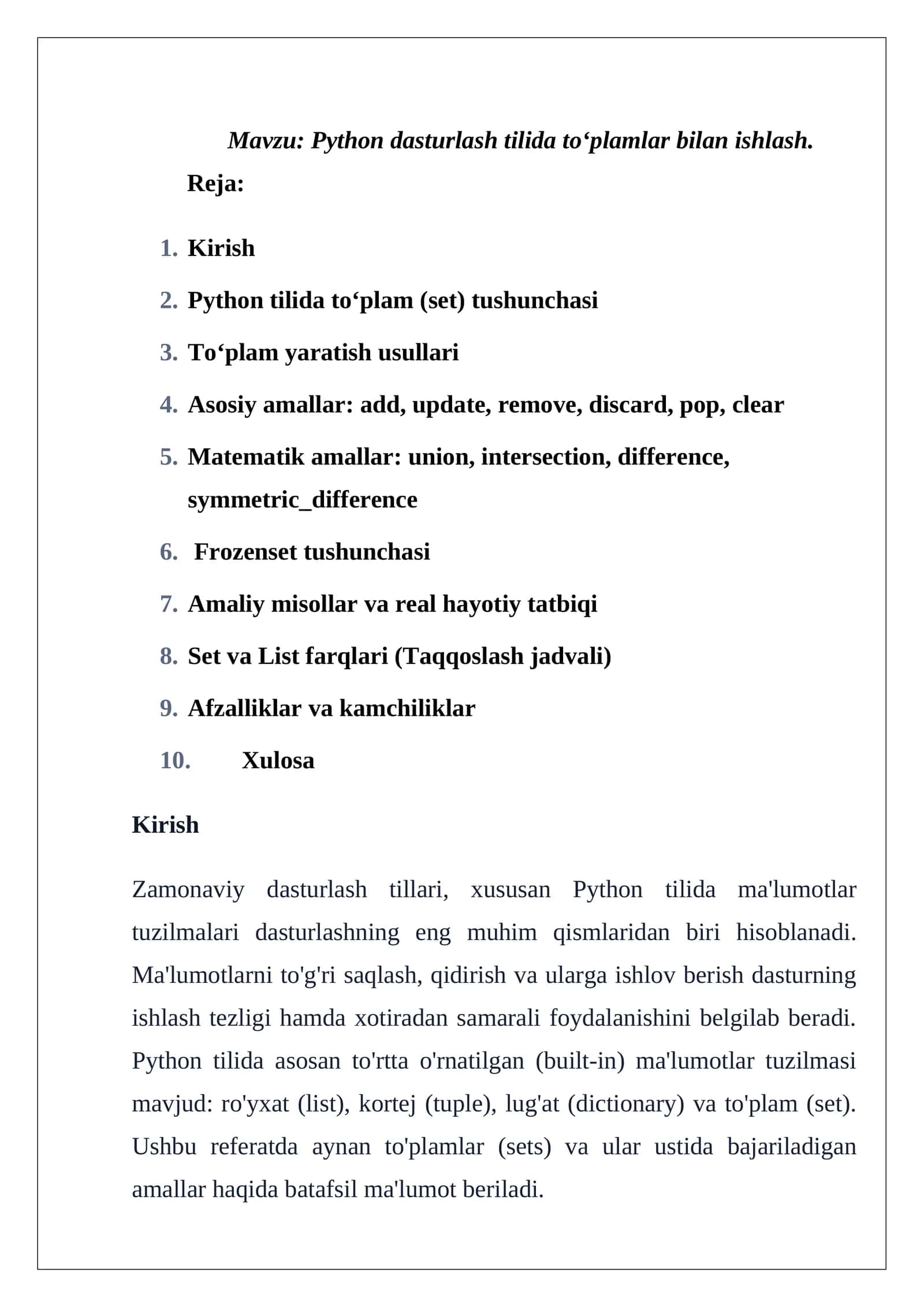 Python dasturlash tilida to‘plamlar bilan ishlash