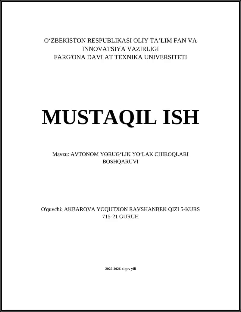 Avtonom Yorug‘lik Yo‘lak Chiroqlari Boshqarilishi