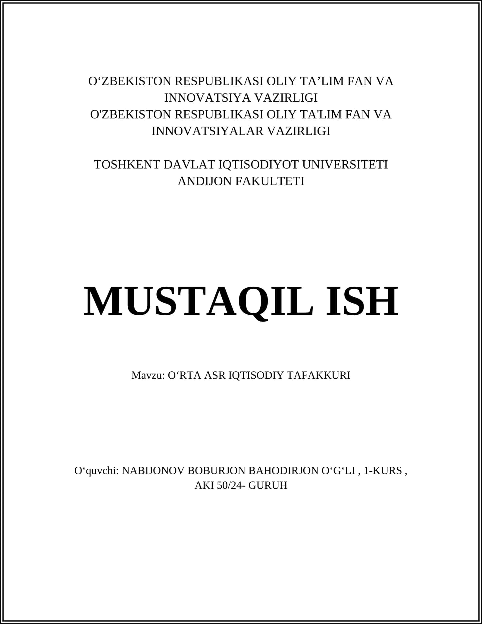 O‘RTA ASR IQTISODIY TAFAKKURI