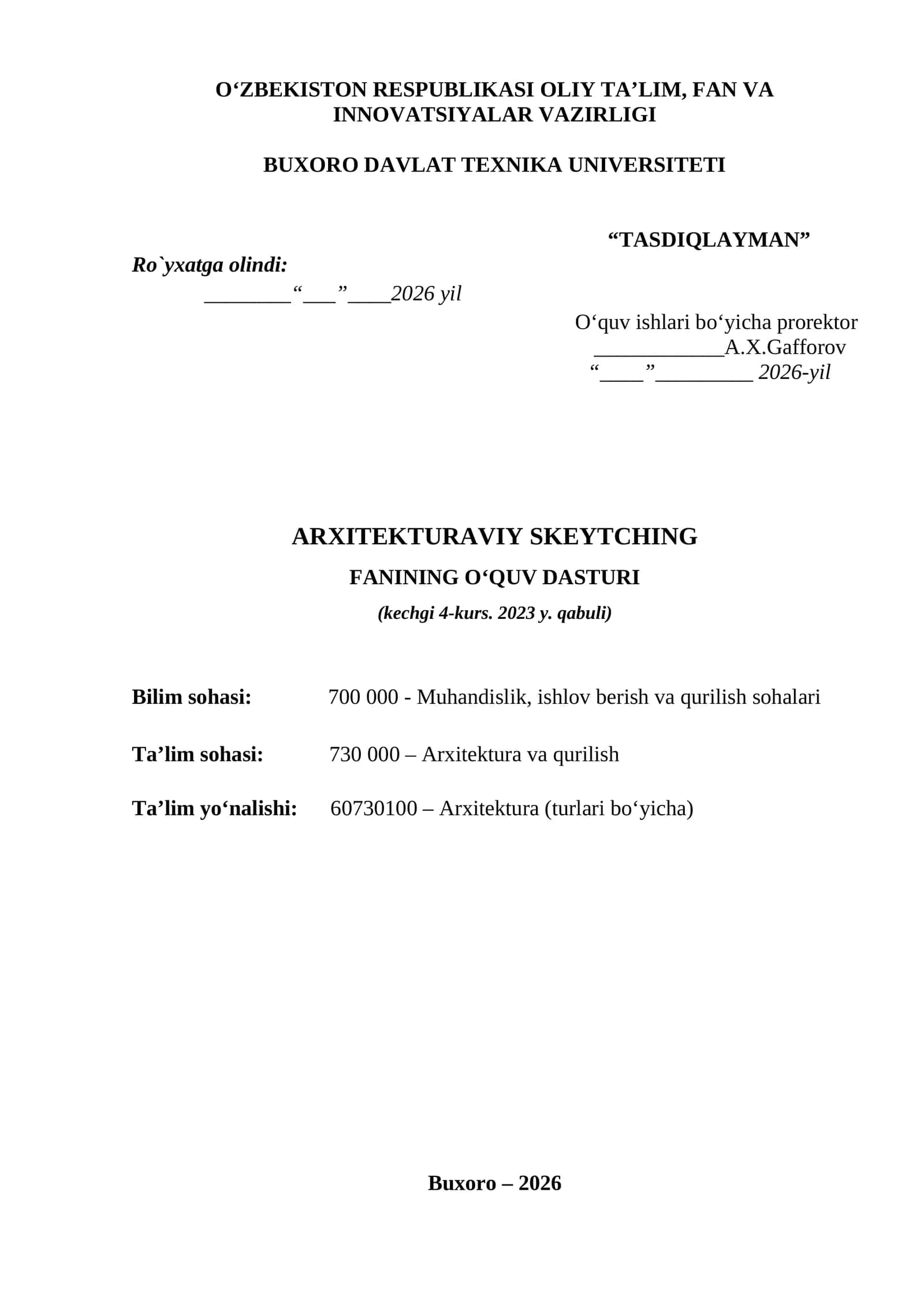 Arxitekturaviy skeytching fanining o‘quv dasturi
