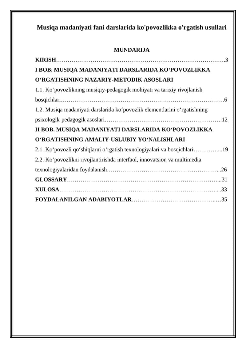 Musiqa madaniyati fani darslarida ko'povozlikka o'rgatish usullari