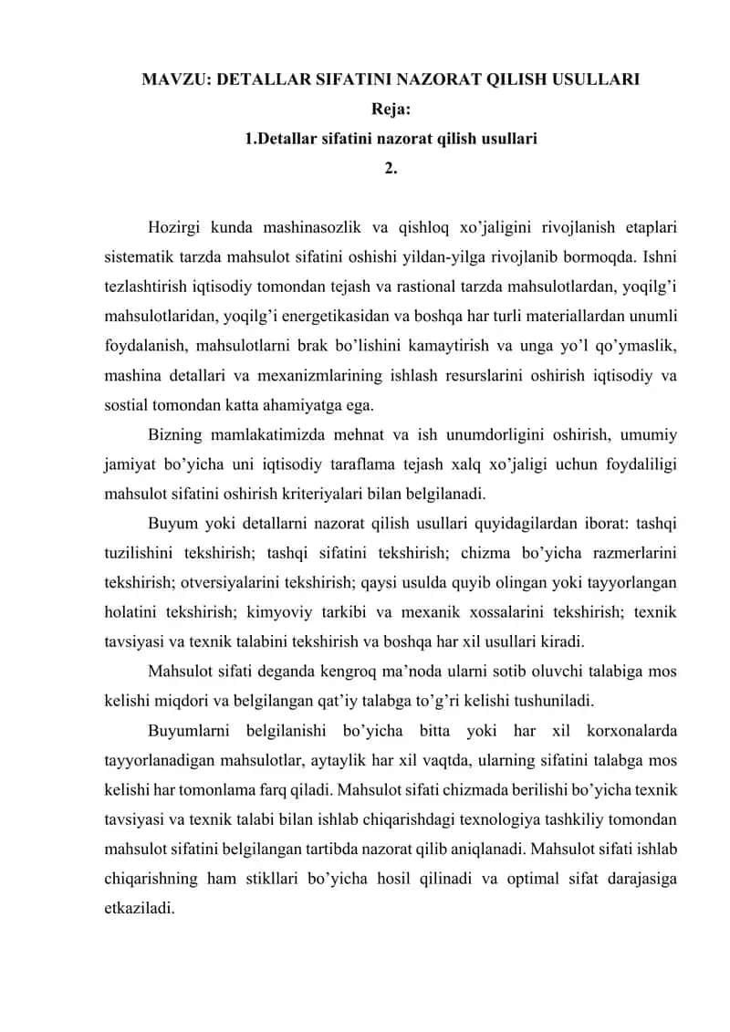 DETALLAR SIFATINI NAZORAT QILISH USULLARI