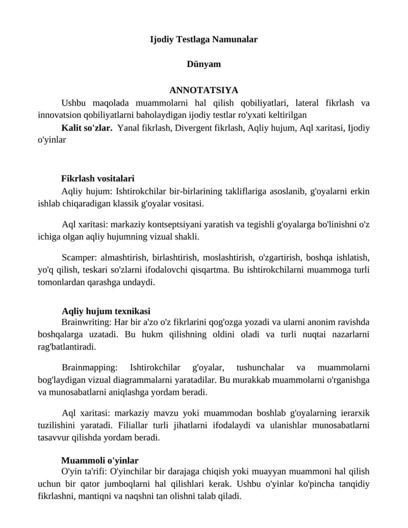 Ijodiy Testlaga Namunalar