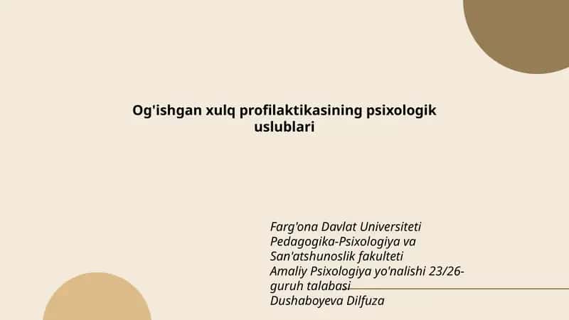 Og'ishgan xulq profilaktikasining psixologik uslublari