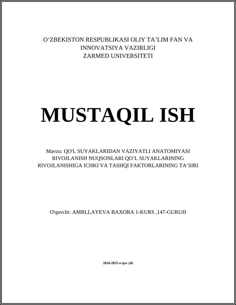 QO'L SUYAKLARIDAN VAZIYATLI ANATOMIYASI RIVOJLANISH NUQSONLARI