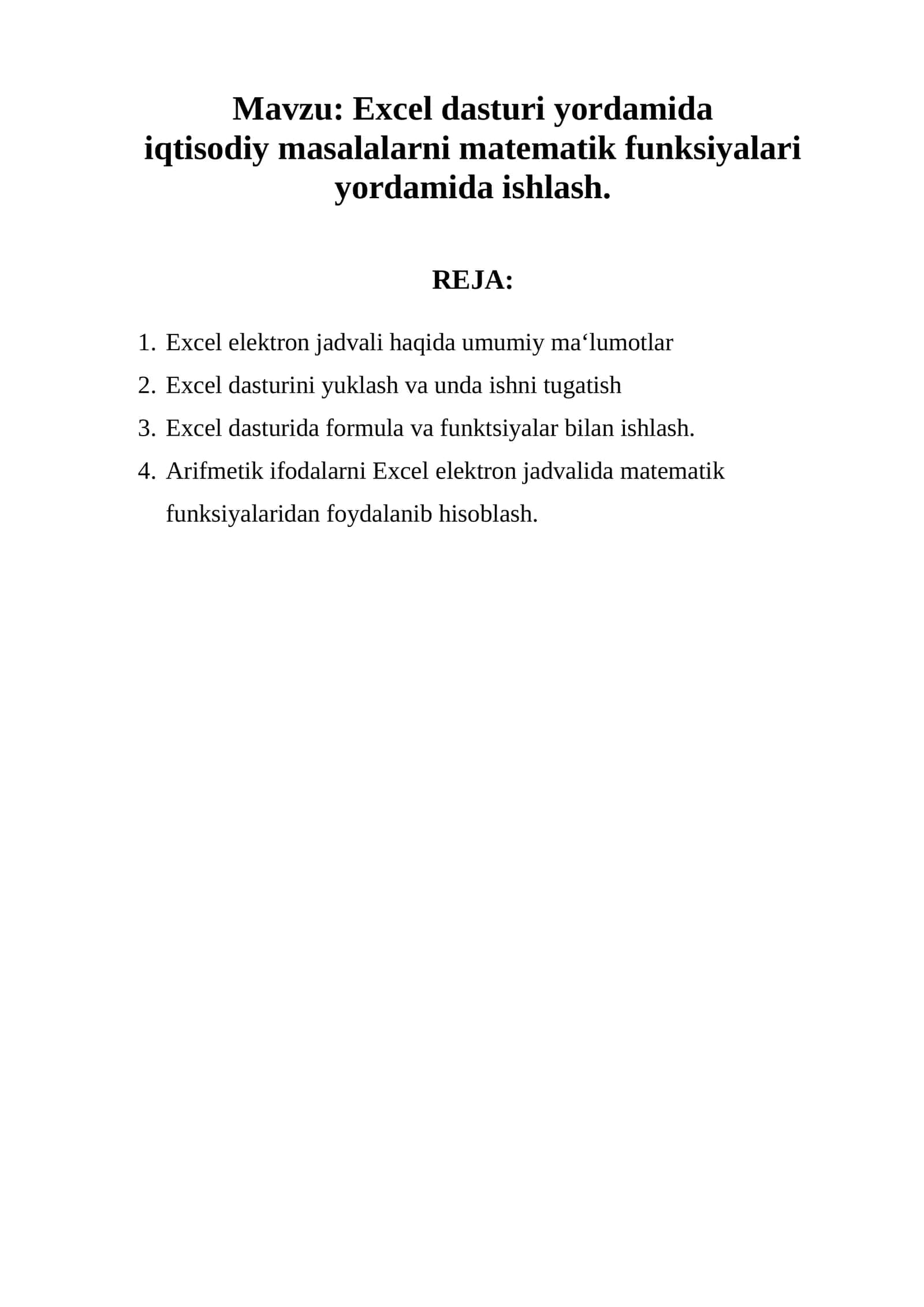 Excel dasturi yordamida iqtisodiy masalalarni matematik funksiyalari yordamida ishlash
