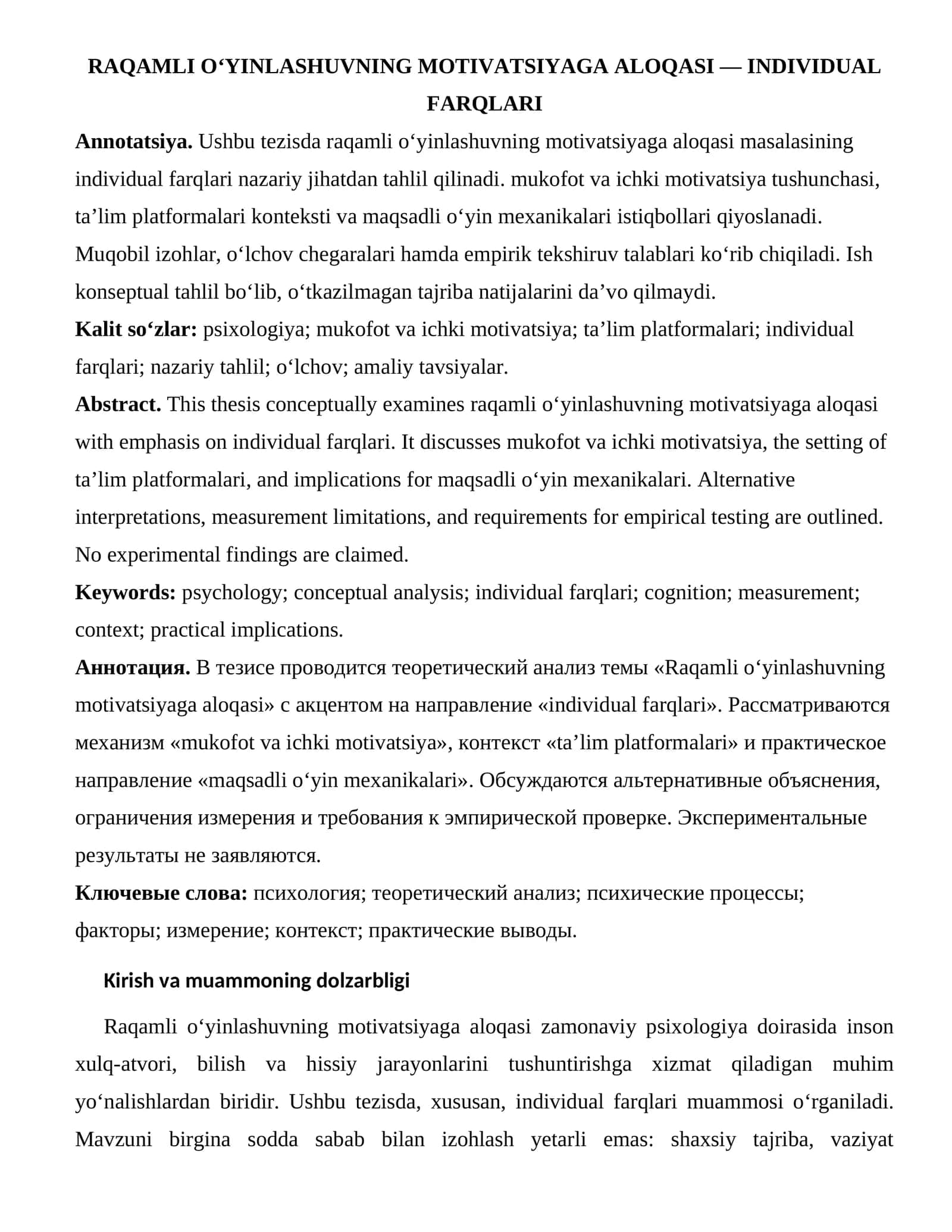 RAQAMLI O‘YINLASHUVNING MOTIVATSIYAGA ALOQASI — INDIVIDUAL FARQLARI