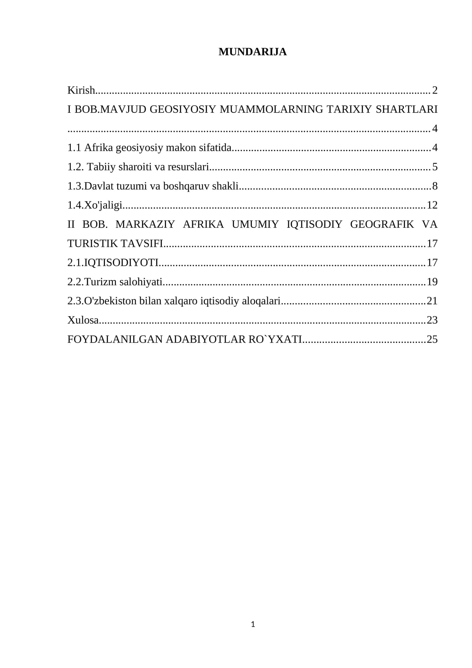 MARKAZIY AFRIKA UMUMIY IQTISODIY GEOGRAFIK VA TURISTIK TAVSIFI