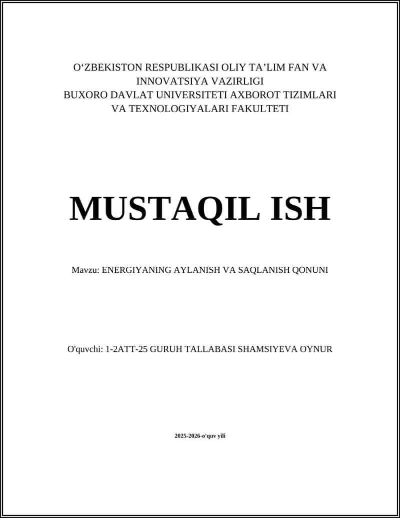ENERGIYANING AYLANISH VA SAQLANISH QONUNI