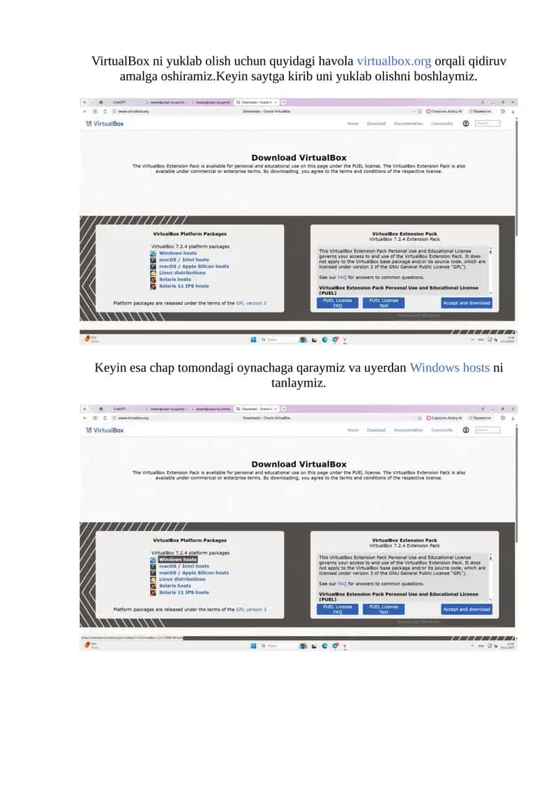 VirtualBox yuklash qoidalari