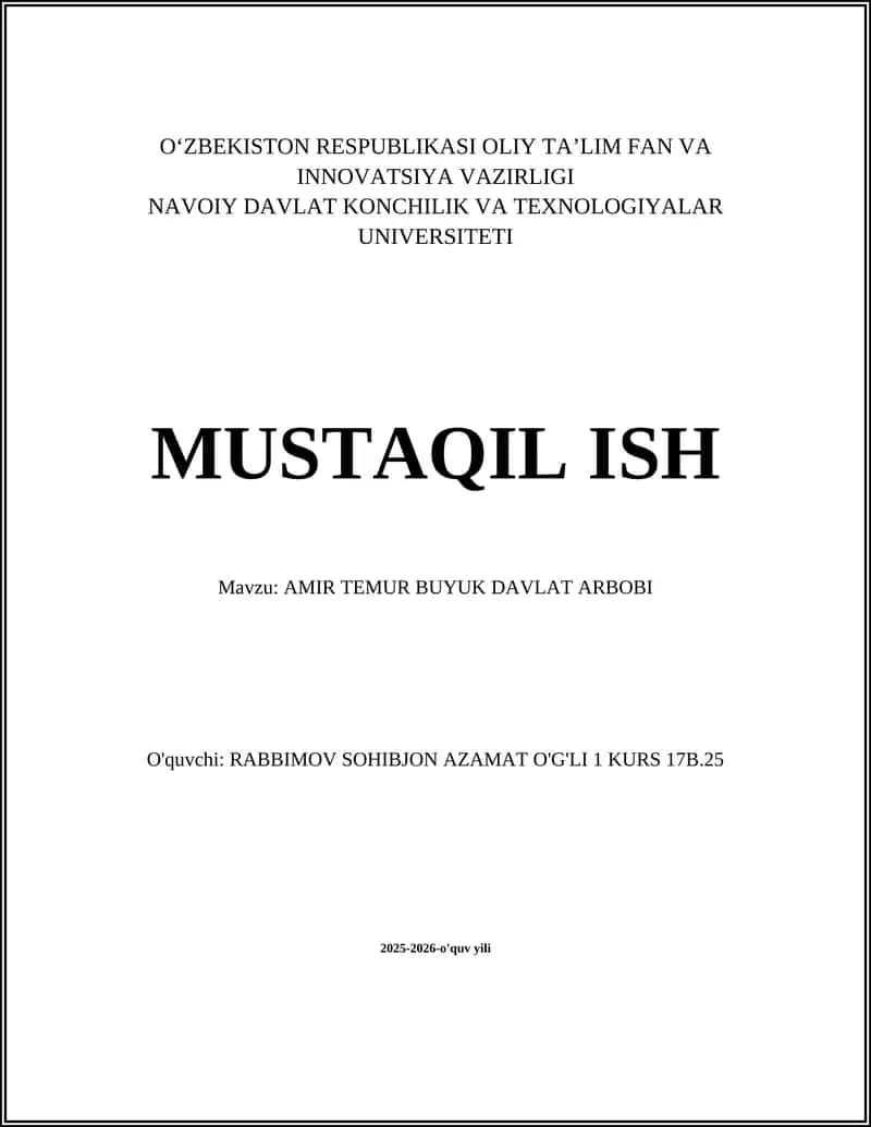 AMIR TEMUR BUYUK DAVLAT ARBOBI