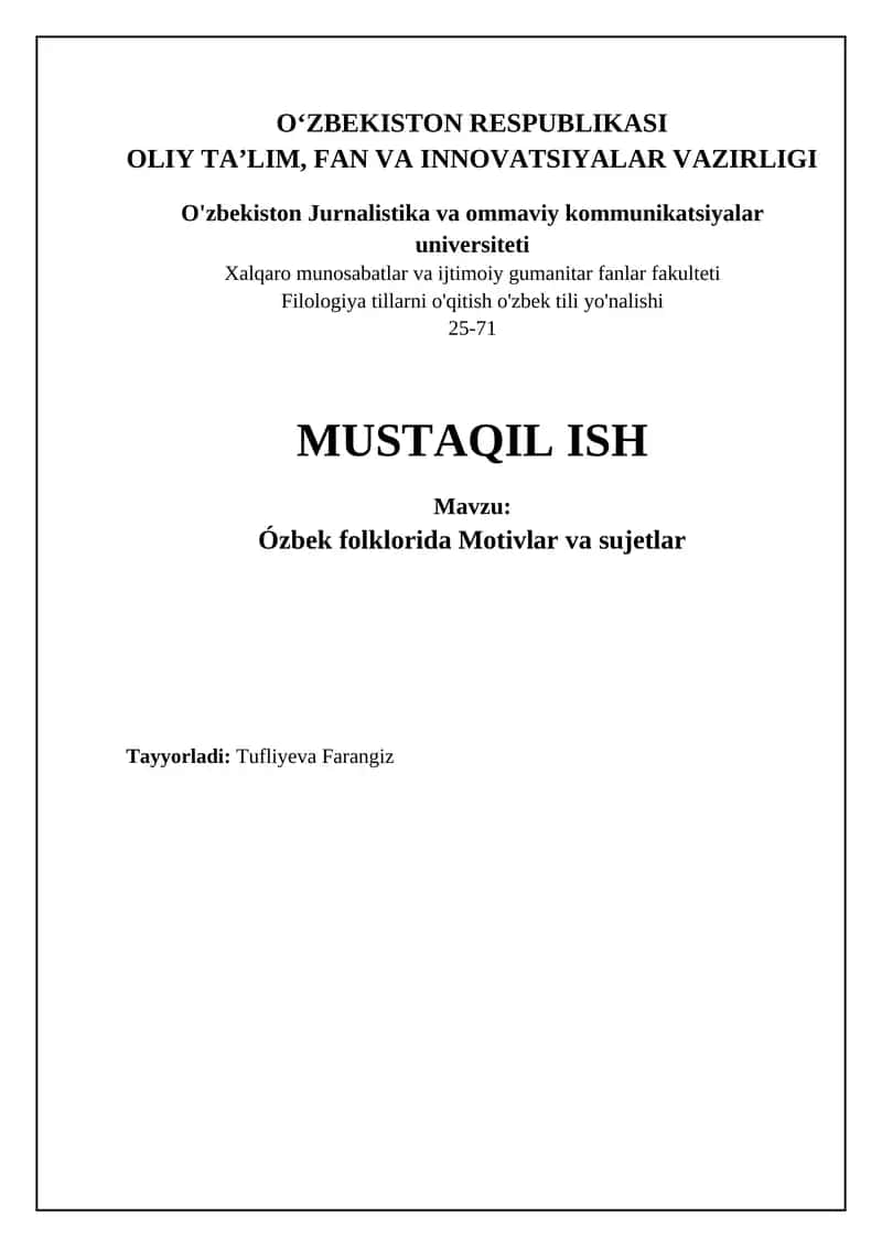 O'zbek Folklorida Motivlar va Sujetlar