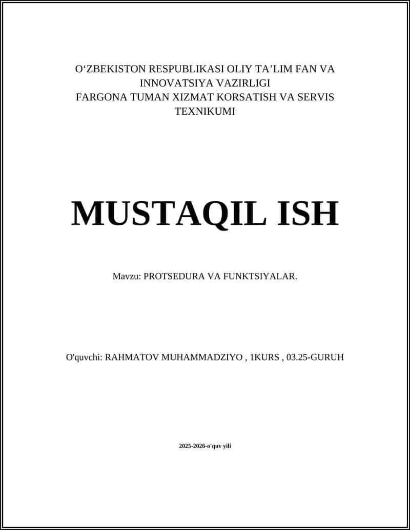 PROTSEDURA VA FUNKTSIYALAR