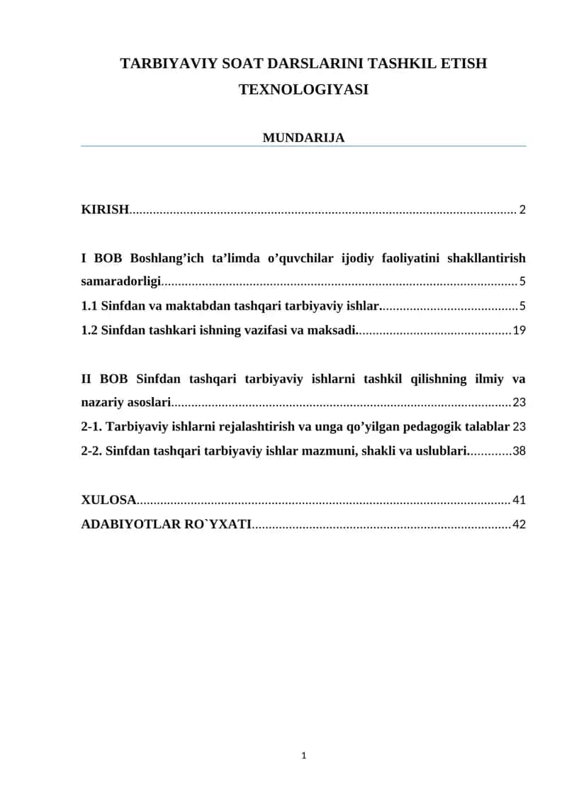 TARBIYAVIY SOAT DARSLARINI TASHKIL ETISH TEXNOLOGIYASI
