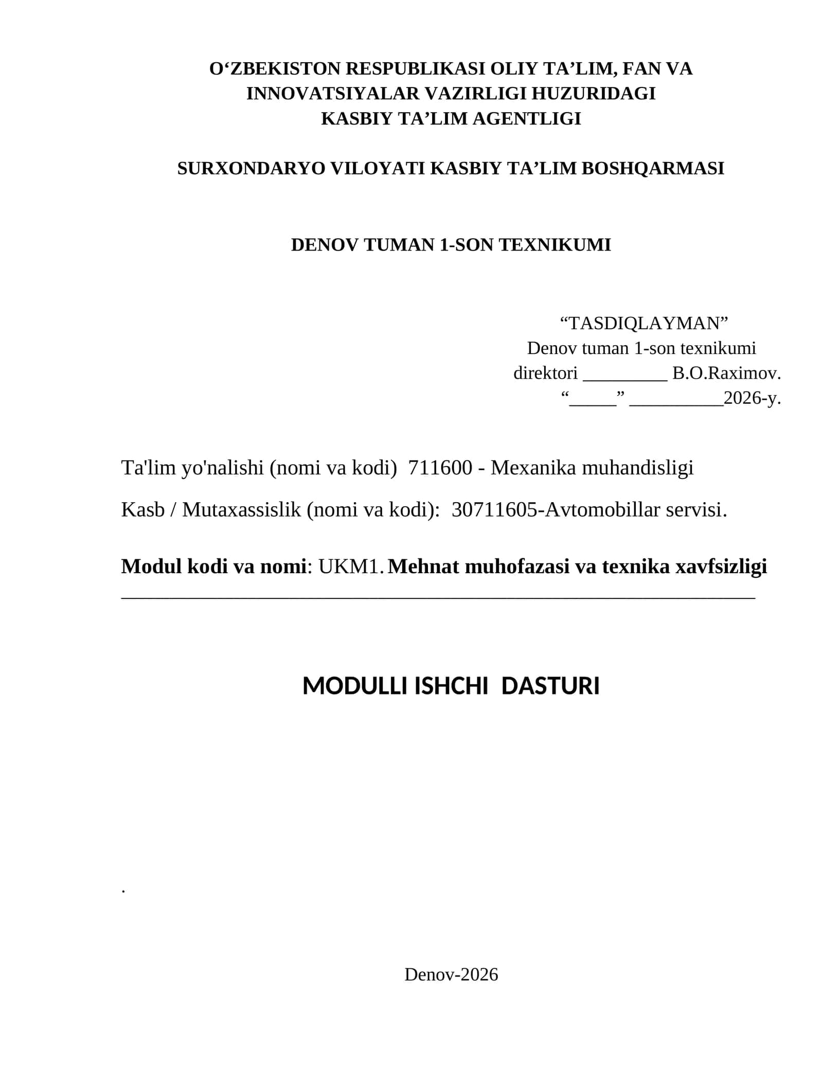 UKM1. Mehnat muhofazasi va texnika xavfsizligi modul ishchi dasturi (avtoservis)