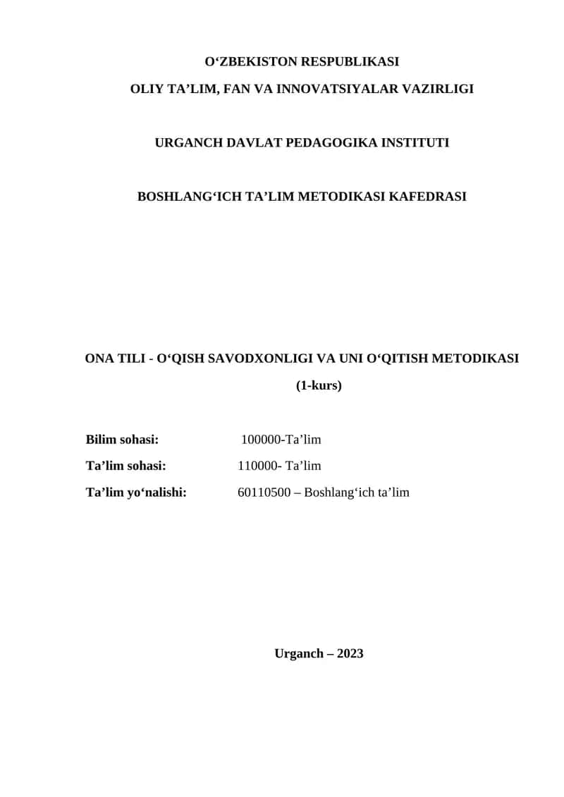 ONA TILI - O‘QISH SAVODXONLIGI VA UNI O‘QITISH METODIKASI