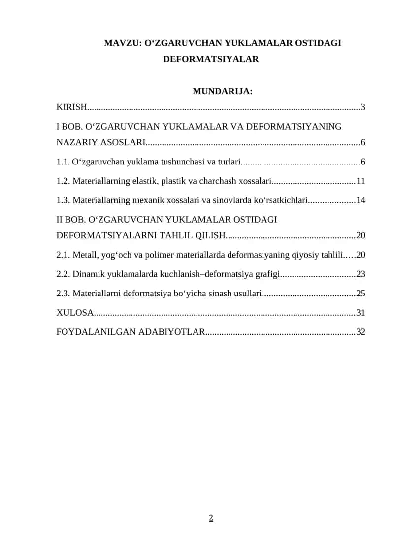 O‘ZGARUVCHAN YUKLAMALAR OSTIDAGI DEFORMATSIYALAR