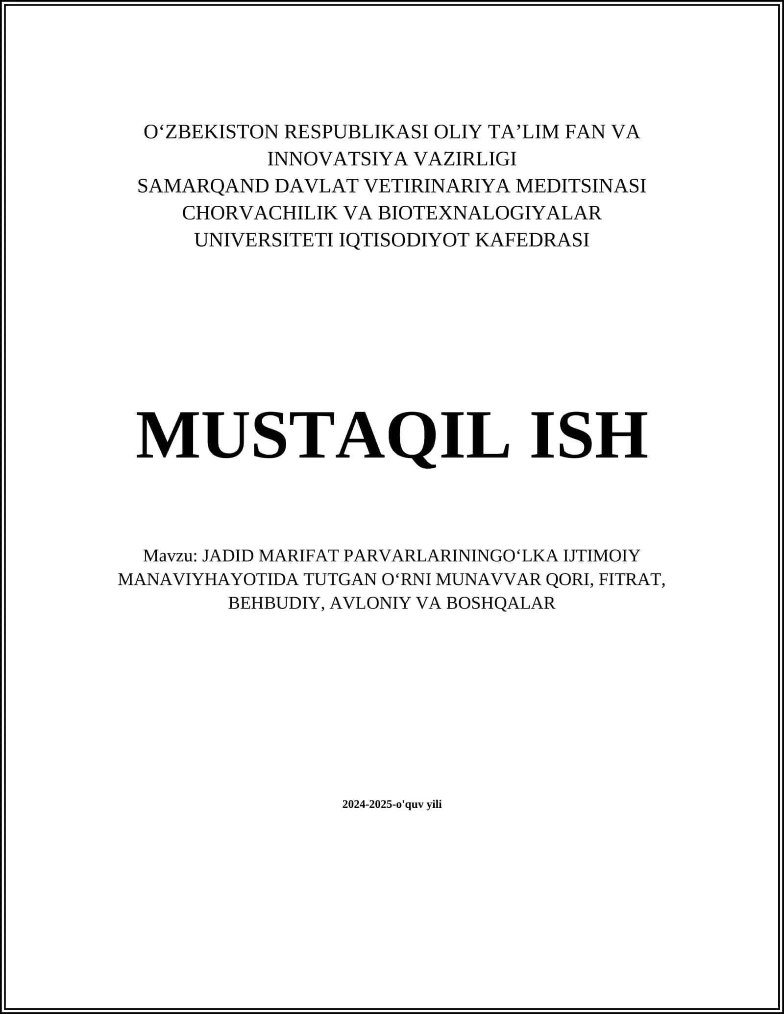 JADID MARIFAT PARVARLARININGOʻLKA IJTIMOIY MANAVIYHAYOTIDA TUTGAN OʻRNI MUNAVVAR QORI, FITRAT, BEHBUDIY, AVLONIY VA BOSHQALAR
