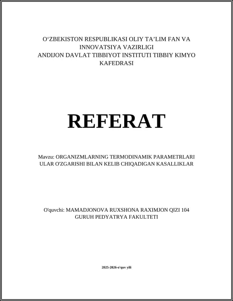 ORGANIZMLARNING TERMODINAMIK PARAMETRLARI
