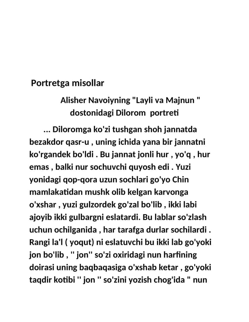 Portrer va muallif xarakteristikasiga misollarportretgamisollar