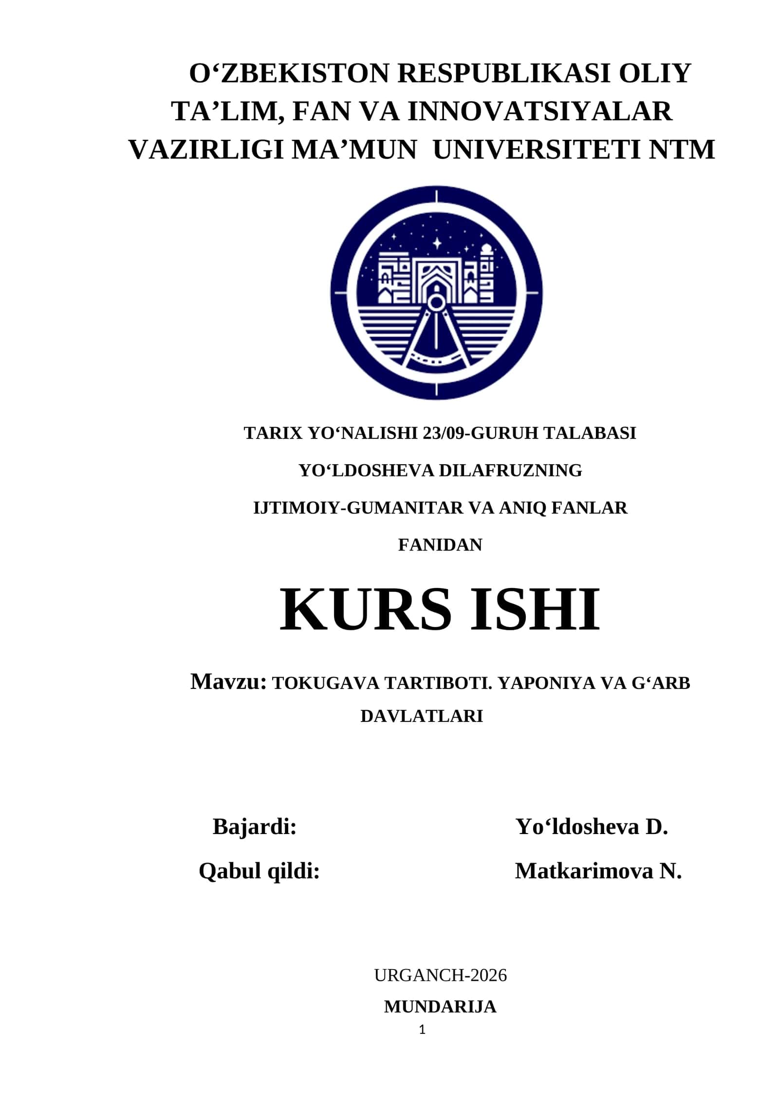 TOKUGAVA TARTIBOTI. YAPONIYA VA G‘ARB DAVLATLARI