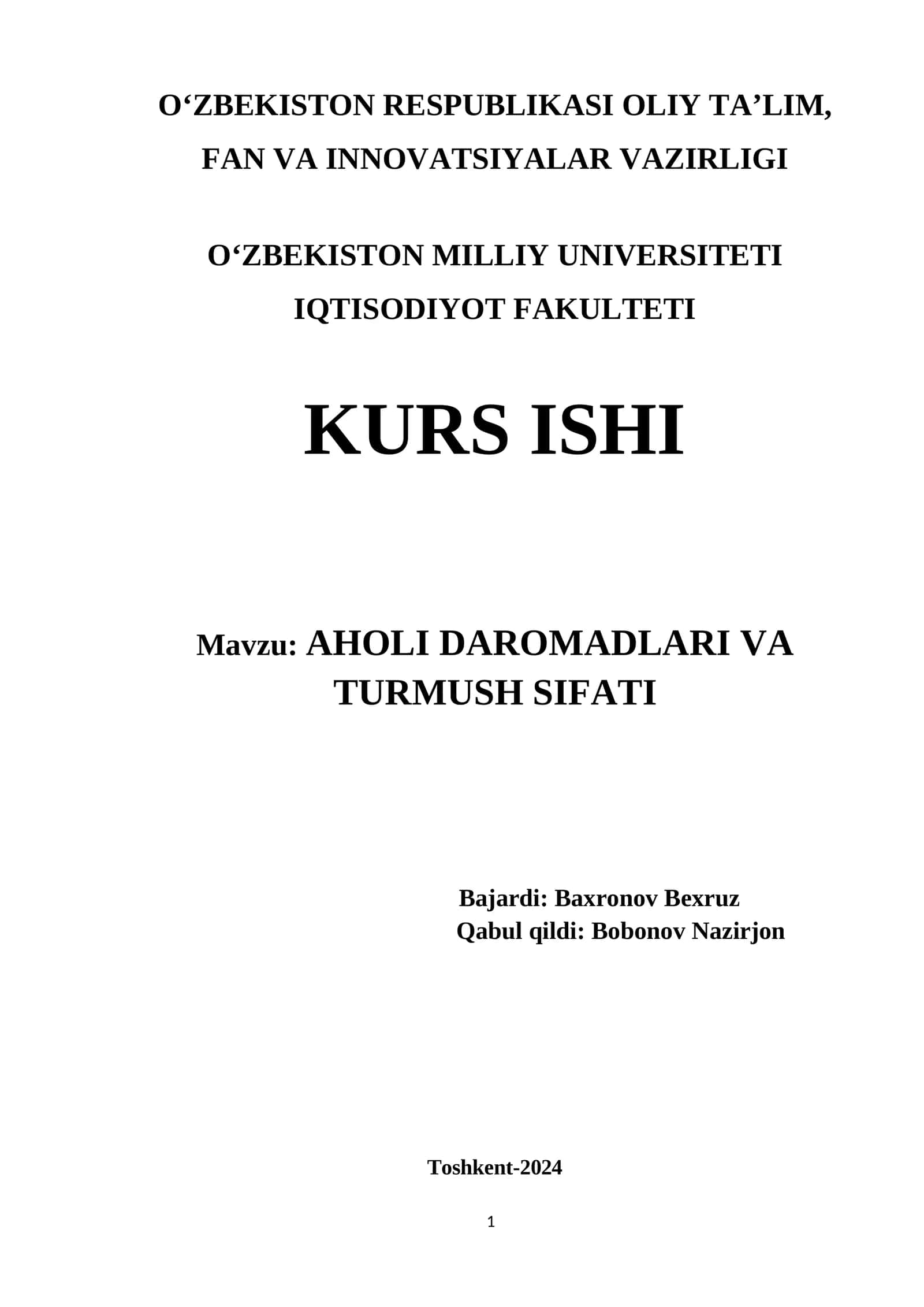 Aholi daromadlari va turmush sifati