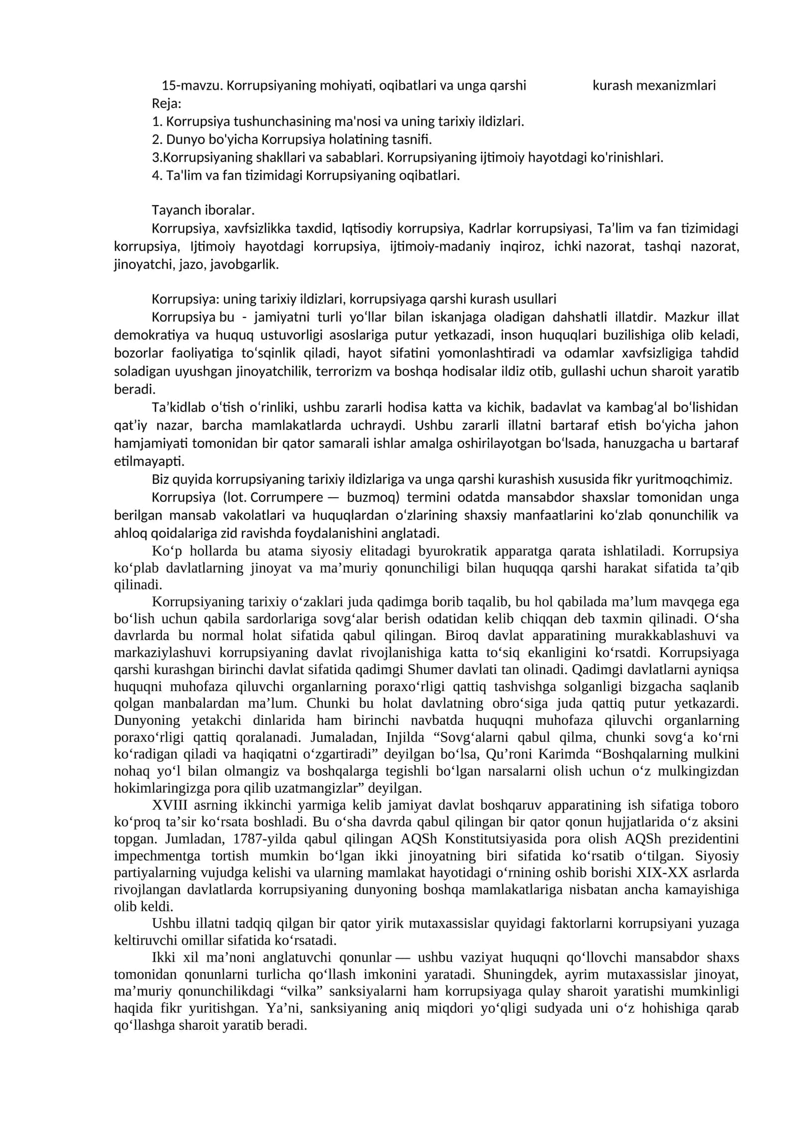 Korrupsiyaning mohiyati, oqibatlari va unga qarshi kurash mexanizmlari