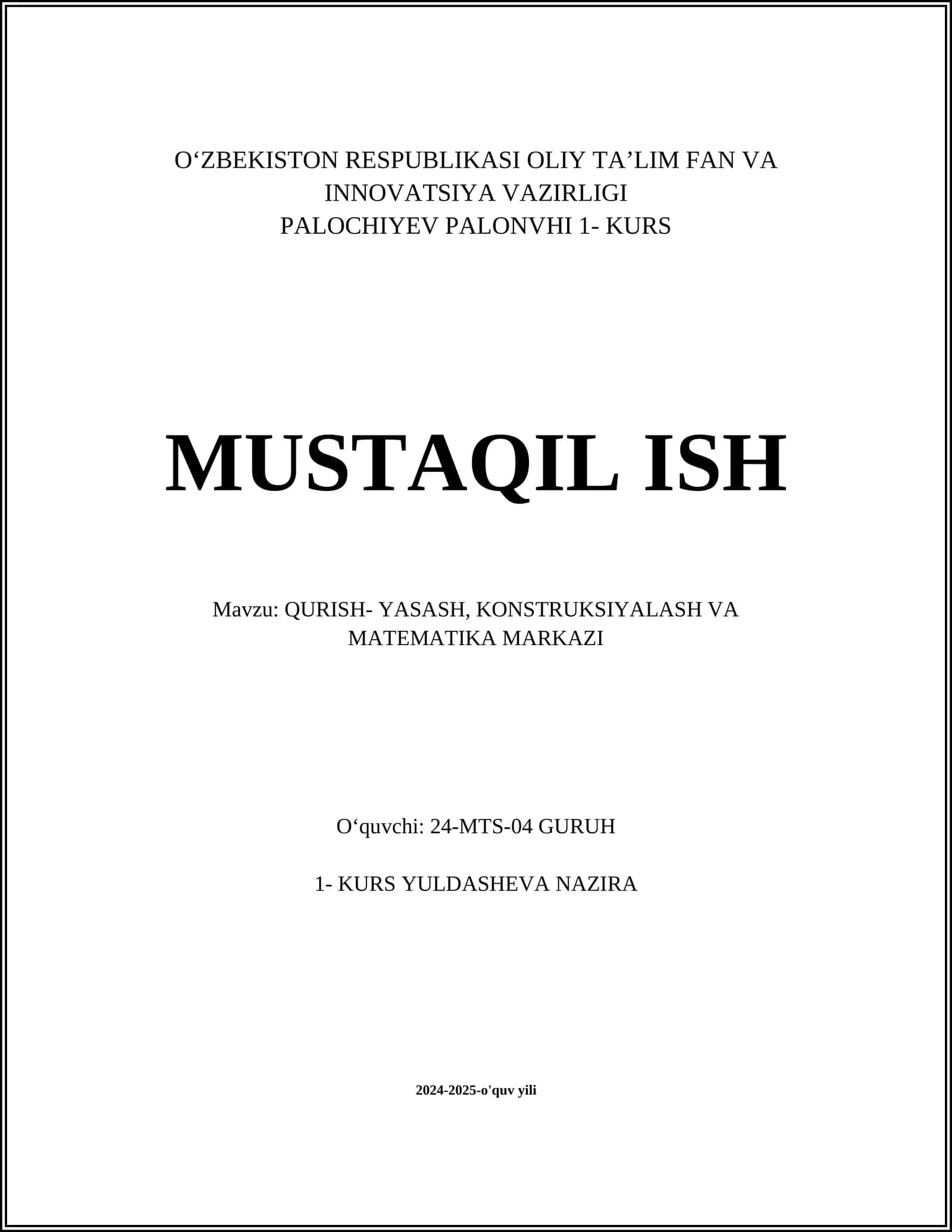 QURISH- YASASH, KONSTRUKSIYALASH VA MATEMATIKA MARKAZI