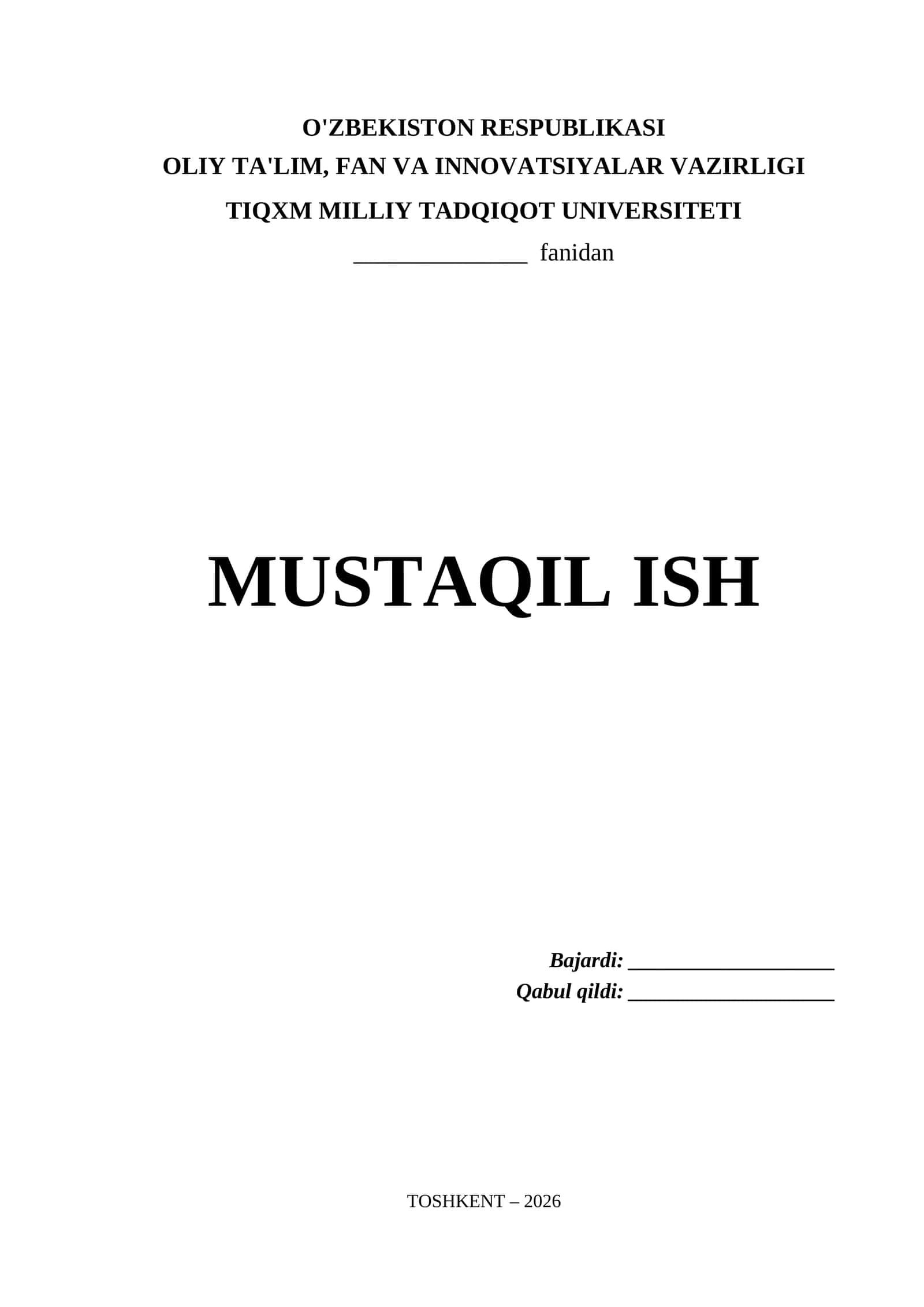 Tiqxm Milliy Tadqiqot Universiteti Mustaqil Ish Titul Varaq (.docx)