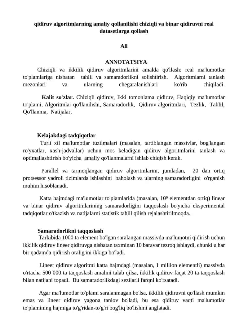 Chiziqli va ikkilik qidiruv algoritmlarini amalda qo'llash
