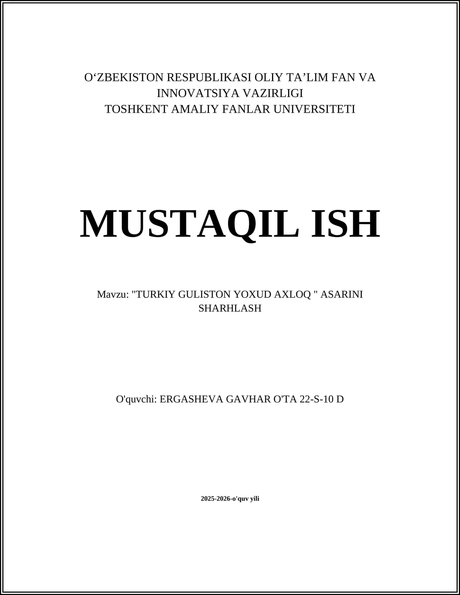 "TURKIY GULISTON YOXUD AXLOQ " ASARINI SHARHLASH