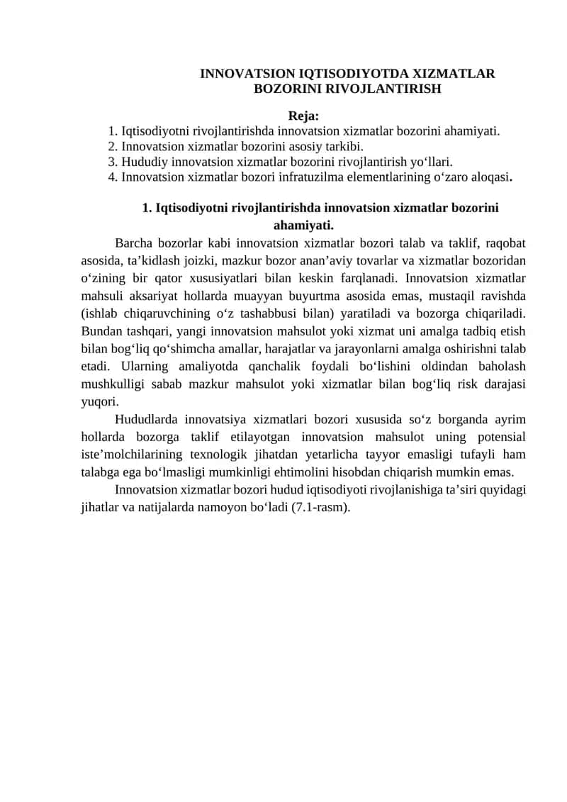 INNOVATSION IQTISODIYOTDA XIZMATLAR BOZORINI RIVOJLANTIRISH