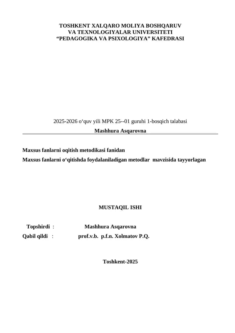 Maxsus Fanlarni O'qitishda Metod Tanlash