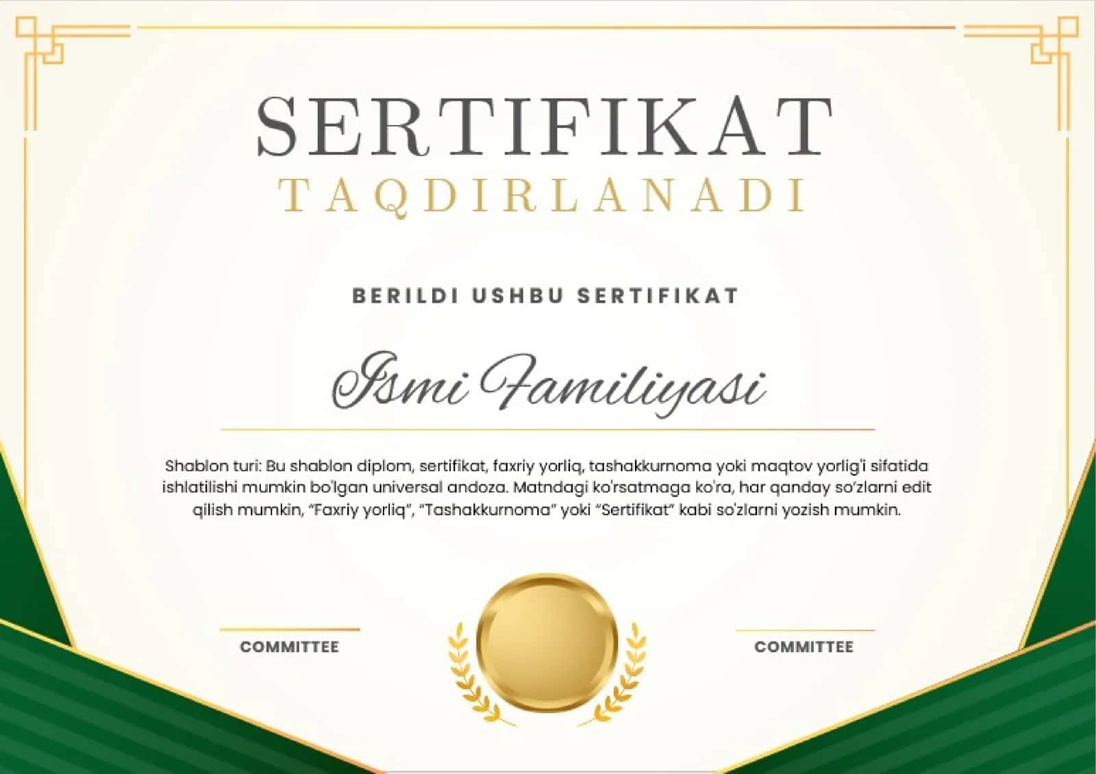 Shablon turi SERTIFIKAT