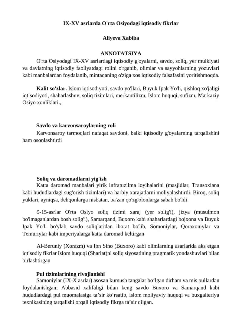 O'rta Osiyodagi iqtisodiy fikrlar