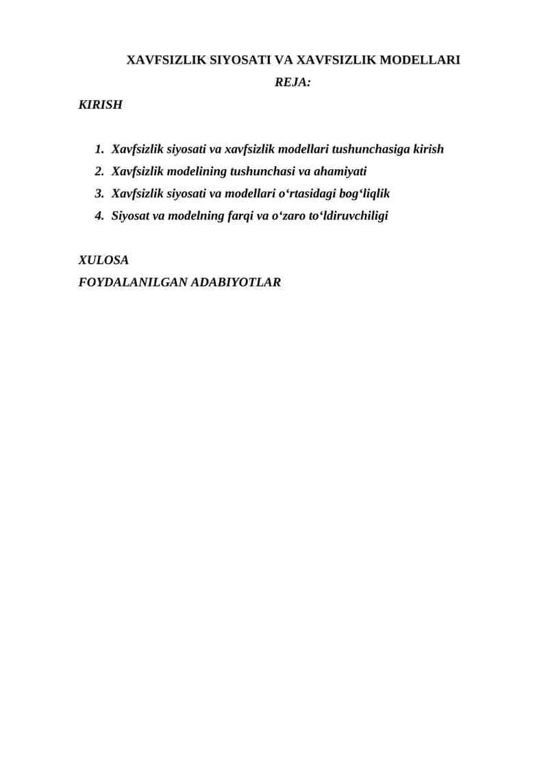 XAVFSIZLIK SIYOSATI VA XAVFSIZLIK MODELLARI