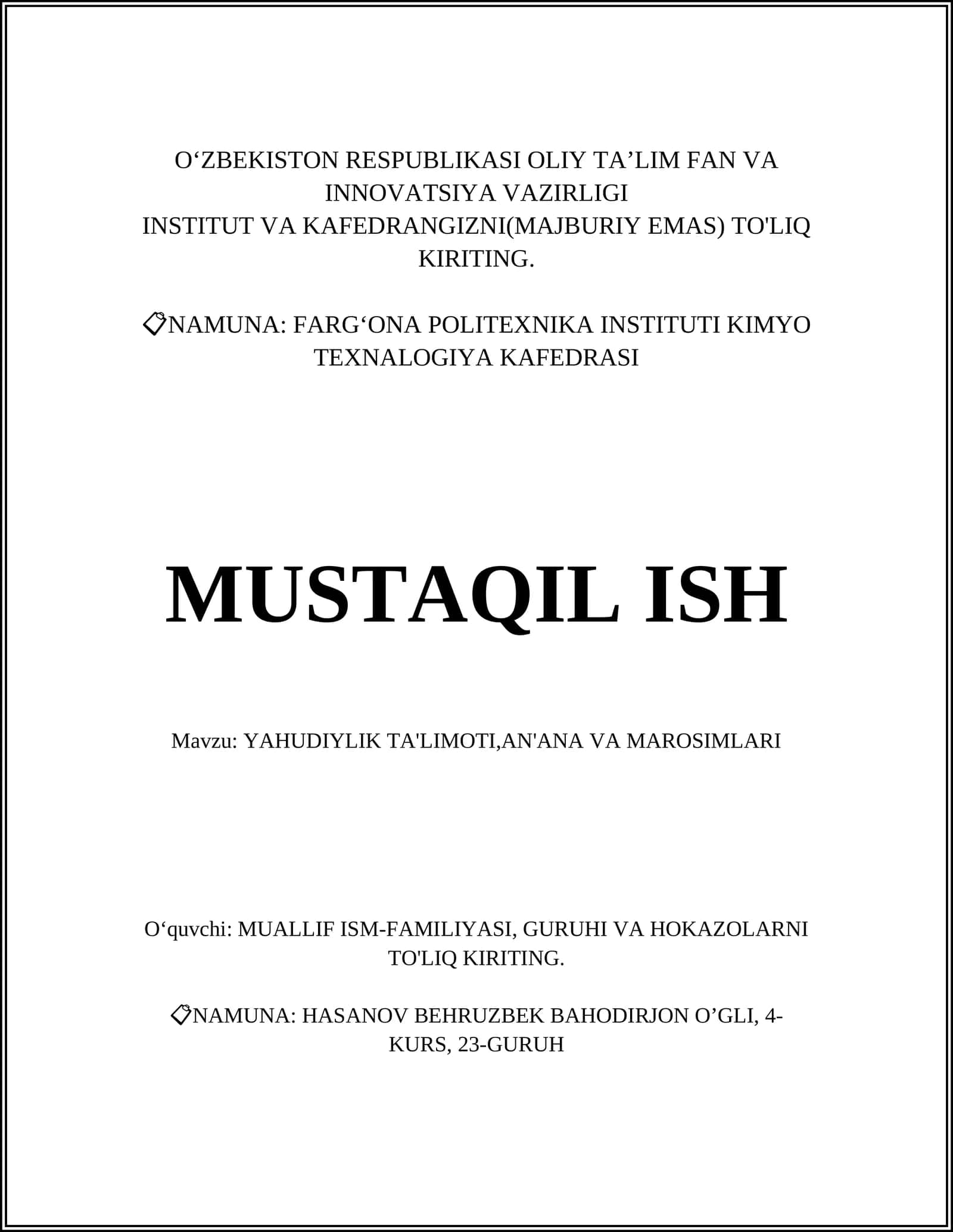 YAHUDIYLIK TA'LIMOTI,AN'ANA VA MAROSIMLARI