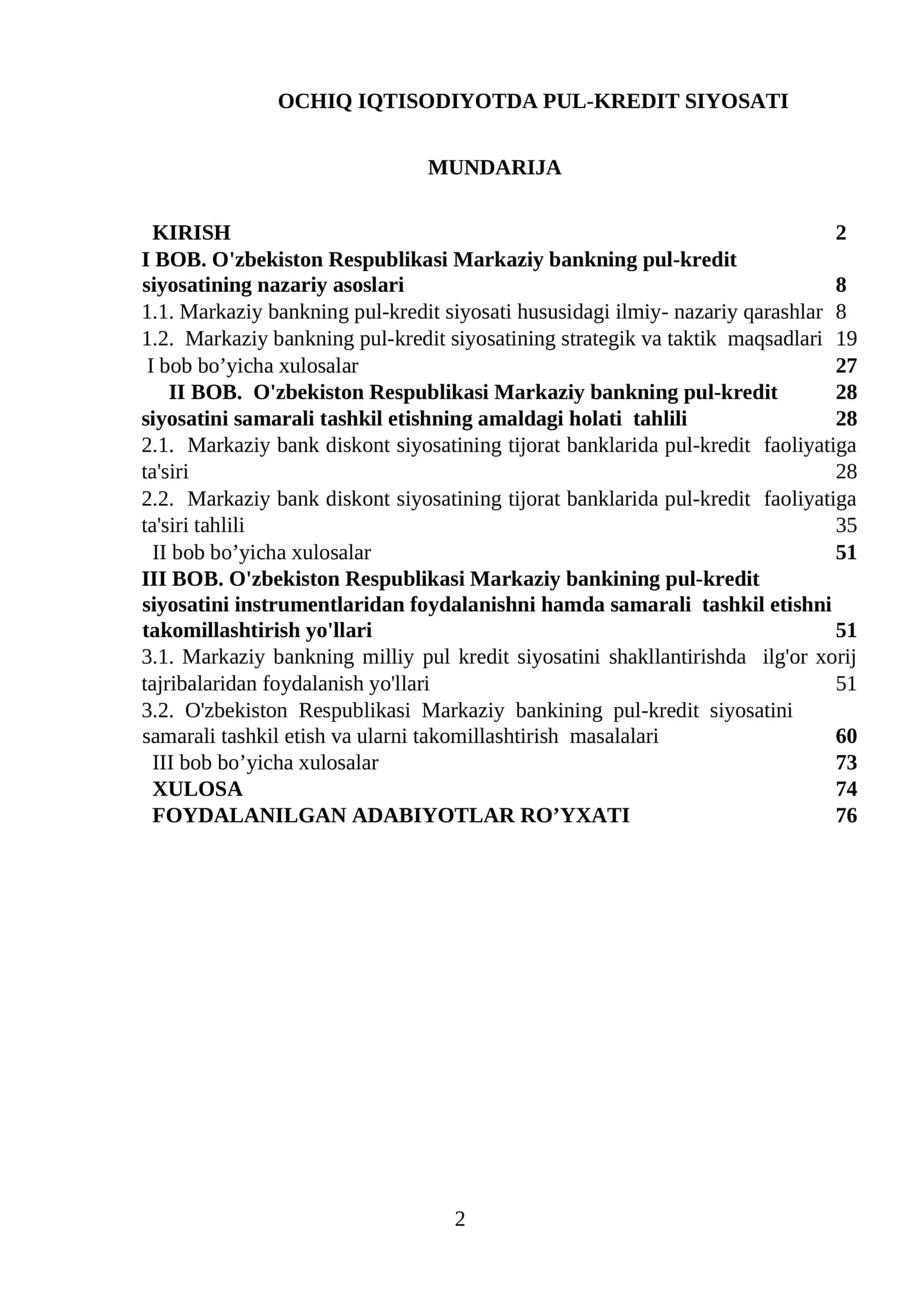 OCHIQ IQTISODIYOTDA PUL-KREDIT SIYOSATI