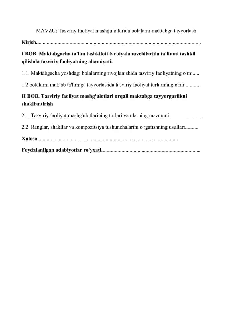 Tasviriy faoliyat mashğulotlarida bolalarni maktabga tayyorlash.