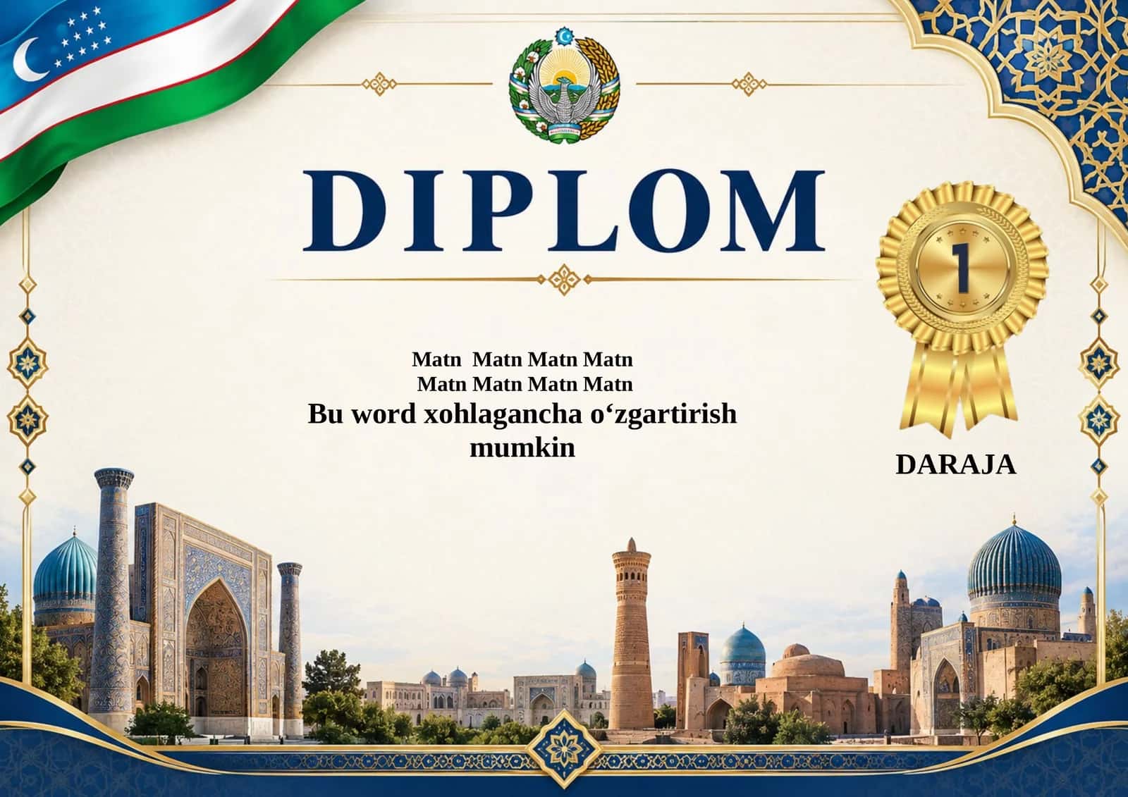 Diplom shablon blanka 1-, 2- va 3-darajali, Word formatda o‘zgartiriladigan.docx