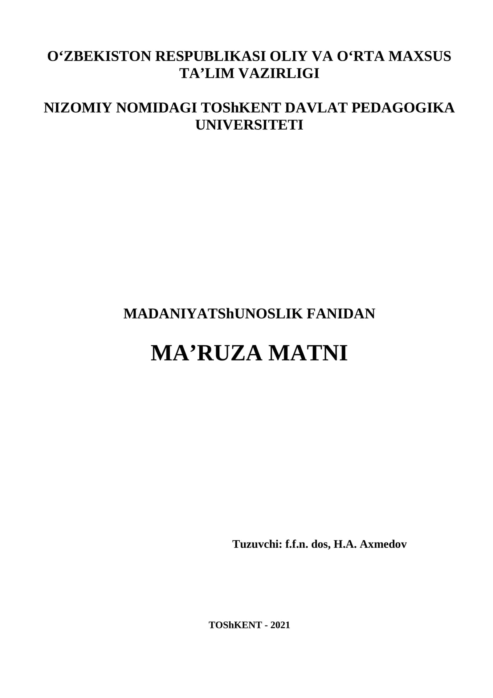 Madaniyatshunoslik Fanidan Ma'ruza Matni