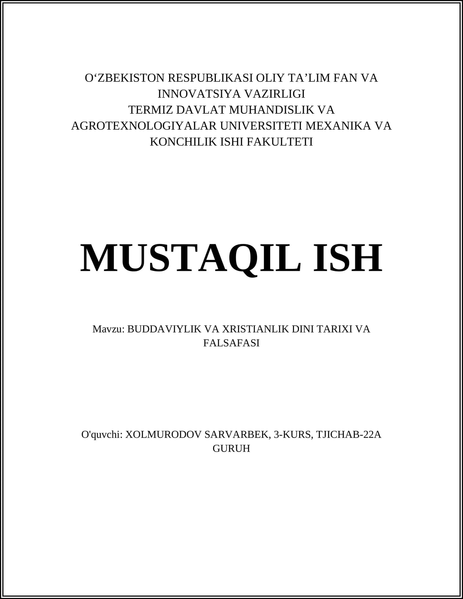 BUDDAVIYLIK VA XRISTIANLIK DINI TARIXI VA FALSAFASI