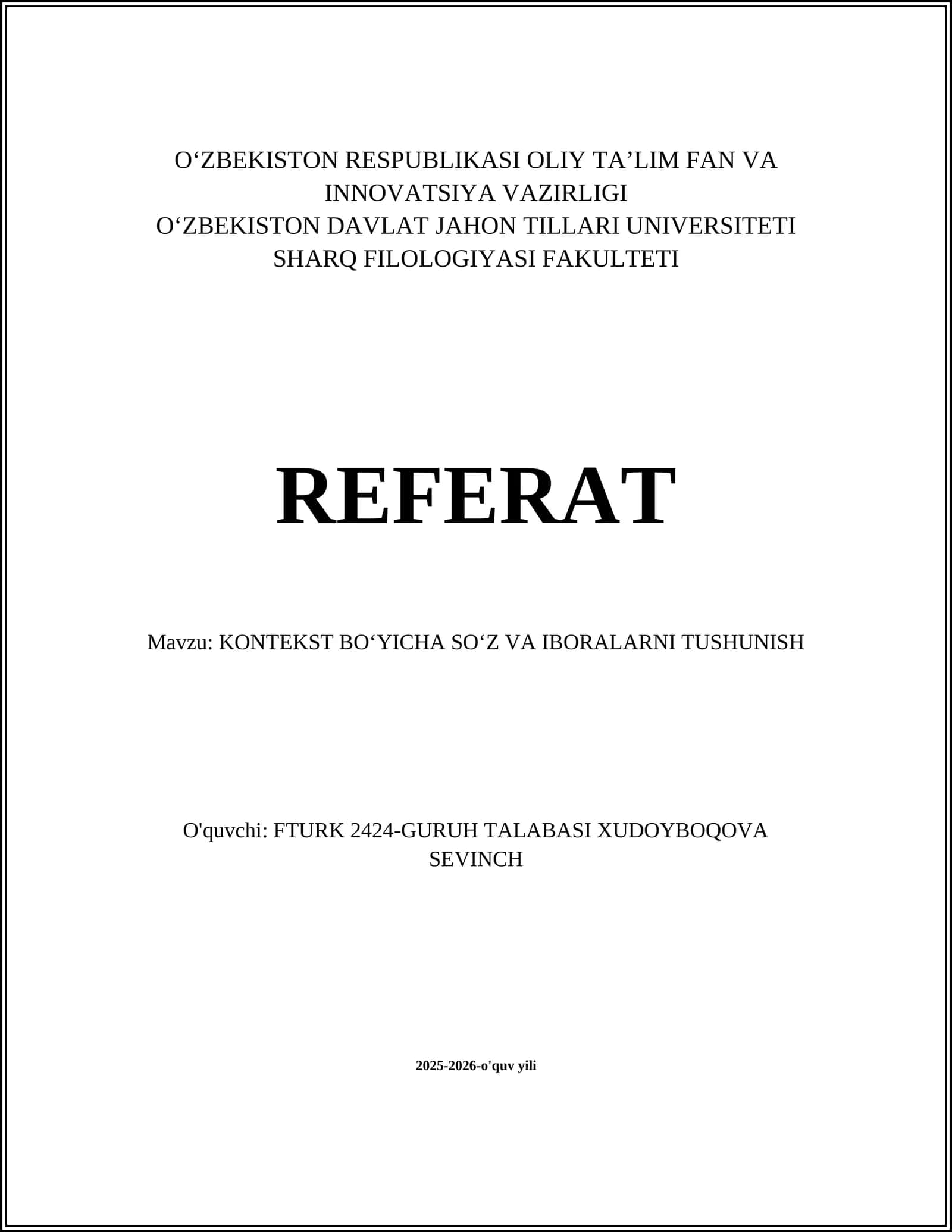 KONTEKST BOʻYICHA SOʻZ VA IBORALARNI TUSHUNISH