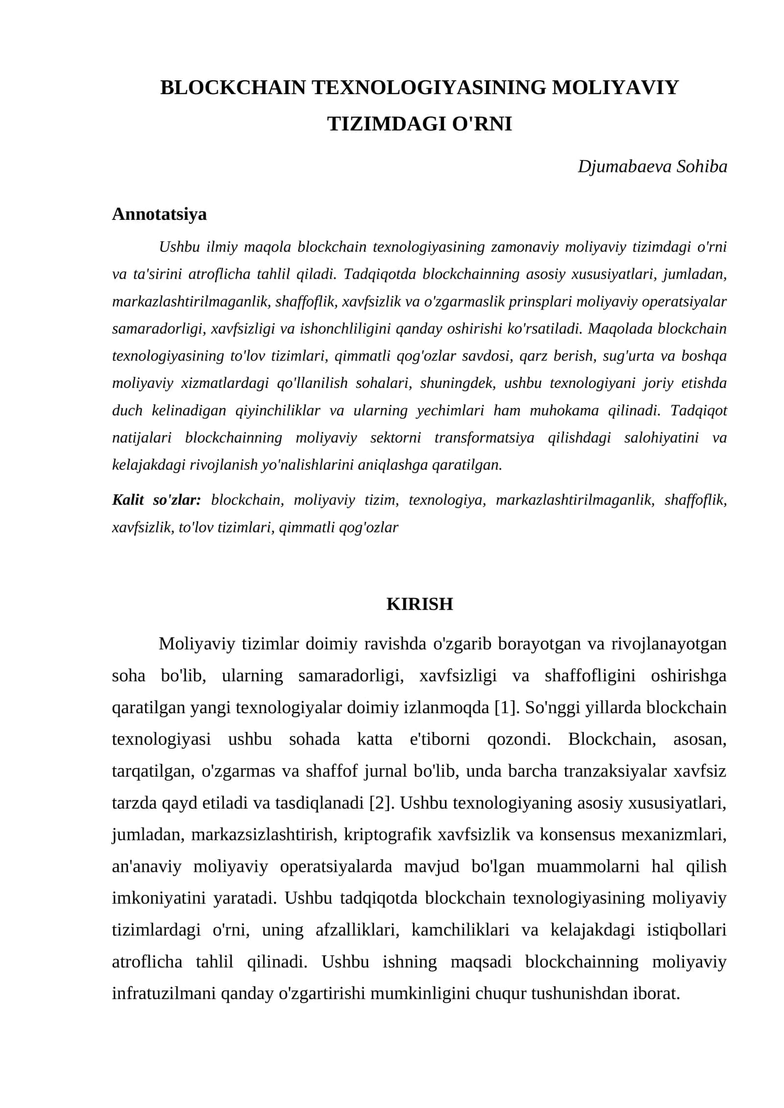 BLOCKCHAIN TEXNOLOGIYASINING MOLIYAVIY TIZIMDAGI O'RNI