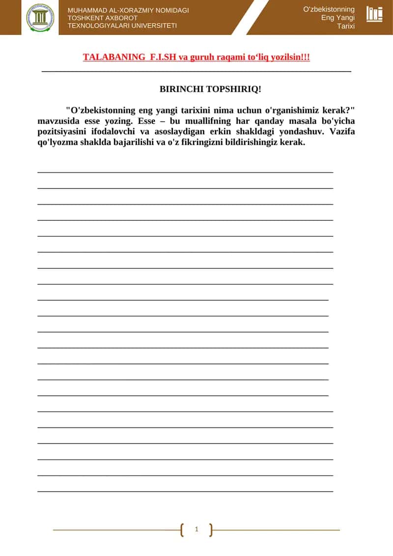 O'zbekistonning eng yangi tarixi fanidan tushadigan topshiriqlar