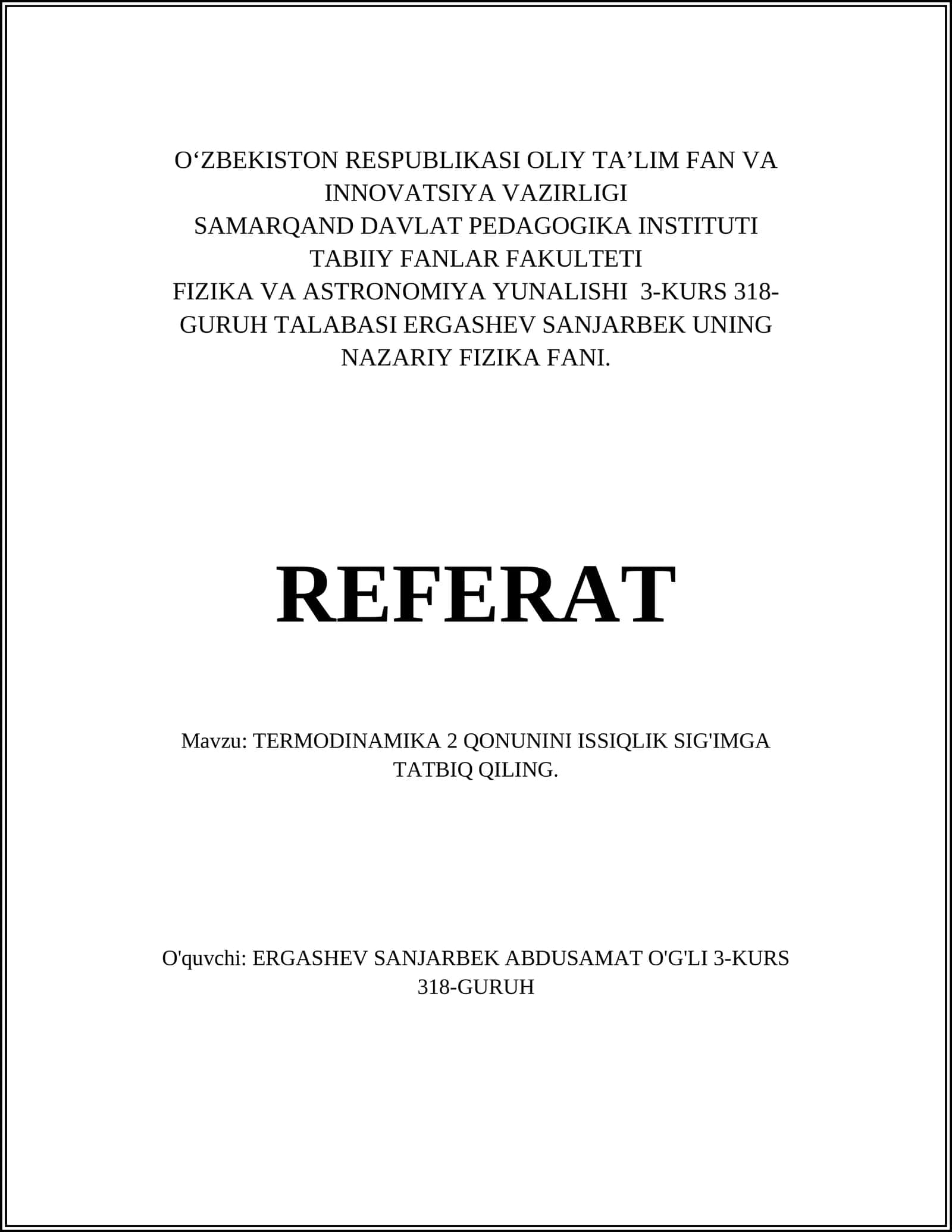 TERMODINAMIKA 2 QONUNINI ISSIQLIK SIG'IMGA TATBIQ QILING