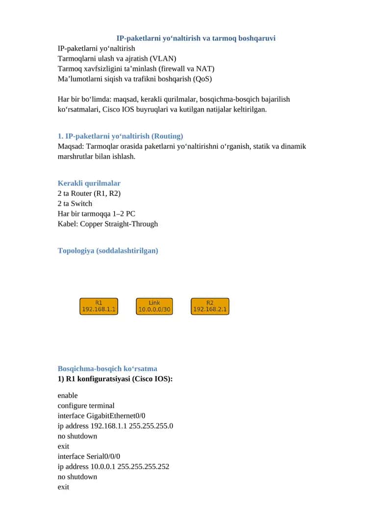 IP-paketlarni yo‘naltirish va tarmoq boshqaruvi