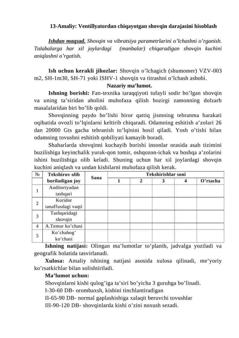 13-Amaliy: Ventillyatordan chiqayotgan shovqin darajasini hisoblash